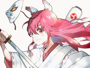 Preview wallpaper girl, kimono, mask, katana, warrior, anime