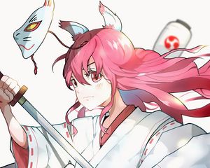 Preview wallpaper girl, kimono, mask, katana, warrior, anime