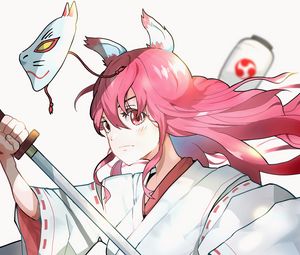 Preview wallpaper girl, kimono, mask, katana, warrior, anime