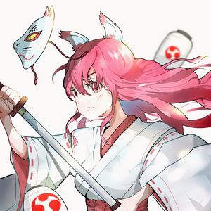 Preview wallpaper girl, kimono, mask, katana, warrior, anime