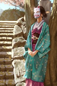 Preview wallpaper girl, kimono, mask, art, japan