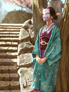 Preview wallpaper girl, kimono, mask, art, japan