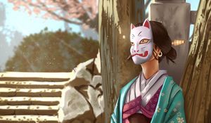 Preview wallpaper girl, kimono, mask, art, japan