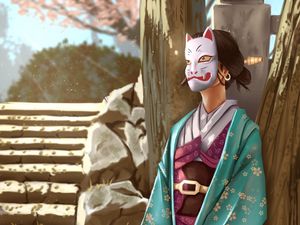 Preview wallpaper girl, kimono, mask, art, japan