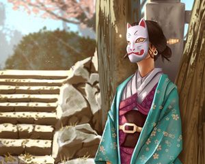 Preview wallpaper girl, kimono, mask, art, japan