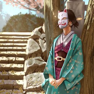 Preview wallpaper girl, kimono, mask, art, japan