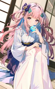 Preview wallpaper girl, kimono, mirror, hairpins, anime