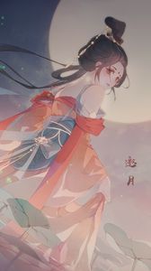 Preview wallpaper girl, kimono, moon, anime, art
