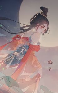 Preview wallpaper girl, kimono, moon, anime, art