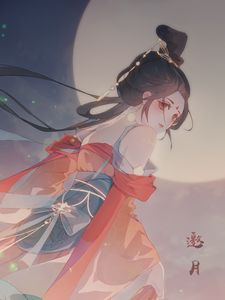 Preview wallpaper girl, kimono, moon, anime, art