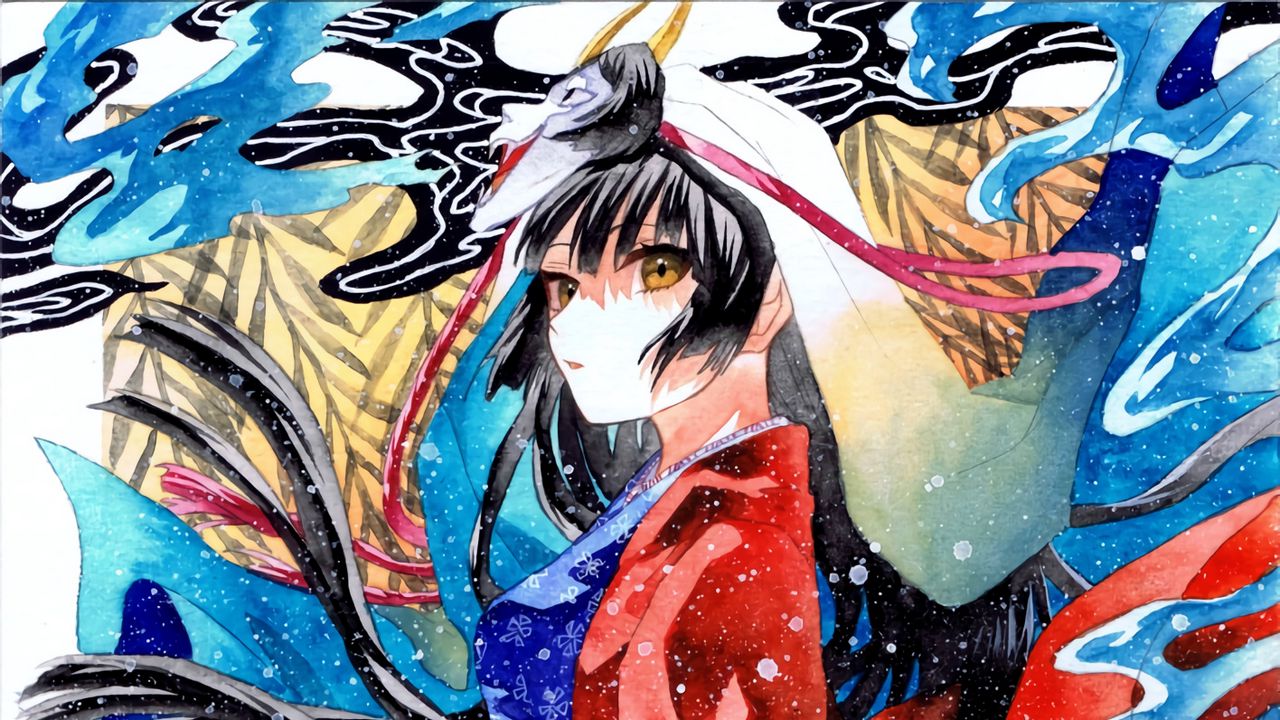Wallpaper girl, kimono, movement, watercolor, anime