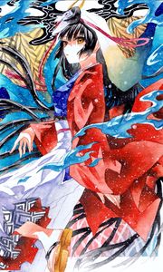 Preview wallpaper girl, kimono, movement, watercolor, anime