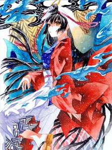 Preview wallpaper girl, kimono, movement, watercolor, anime