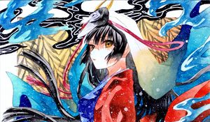 Preview wallpaper girl, kimono, movement, watercolor, anime