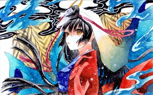 Preview wallpaper girl, kimono, movement, watercolor, anime