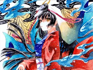 Preview wallpaper girl, kimono, movement, watercolor, anime