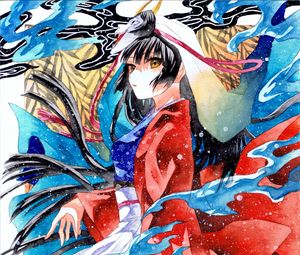 Preview wallpaper girl, kimono, movement, watercolor, anime