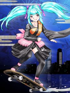 Preview wallpaper girl, kimono, movement, skateboard, anime