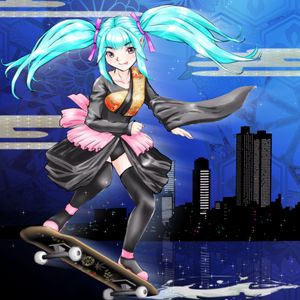Preview wallpaper girl, kimono, movement, skateboard, anime