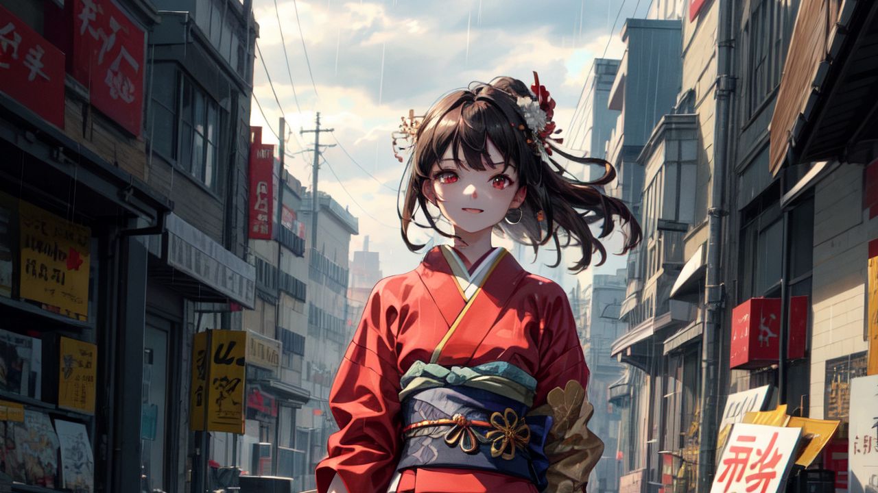 Wallpaper girl, kimono, movement, street, buildings, anime
