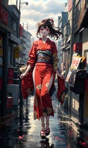 Preview wallpaper girl, kimono, movement, street, buildings, anime