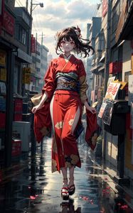 Preview wallpaper girl, kimono, movement, street, buildings, anime