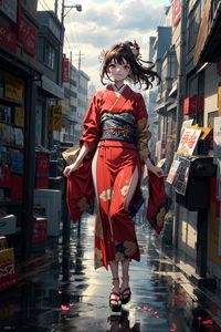 Preview wallpaper girl, kimono, movement, street, buildings, anime