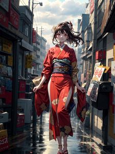 Preview wallpaper girl, kimono, movement, street, buildings, anime