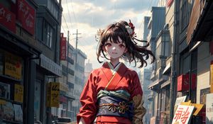 Preview wallpaper girl, kimono, movement, street, buildings, anime