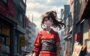 Preview wallpaper girl, kimono, movement, street, buildings, anime