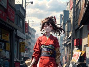 Preview wallpaper girl, kimono, movement, street, buildings, anime