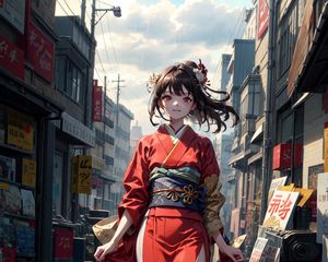 Preview wallpaper girl, kimono, movement, street, buildings, anime