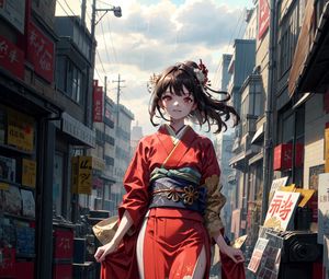 Preview wallpaper girl, kimono, movement, street, buildings, anime