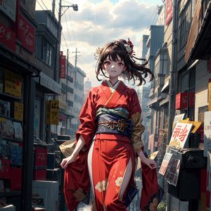 Preview wallpaper girl, kimono, movement, street, buildings, anime