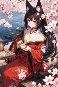 Preview wallpaper girl, kimono, neko, sakura, pond, anime