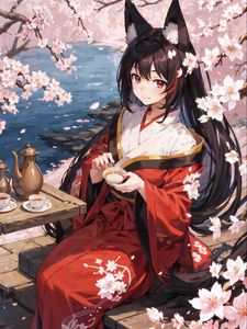 Preview wallpaper girl, kimono, neko, sakura, pond, anime