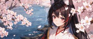 Preview wallpaper girl, kimono, neko, sakura, pond, anime