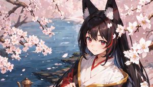 Preview wallpaper girl, kimono, neko, sakura, pond, anime