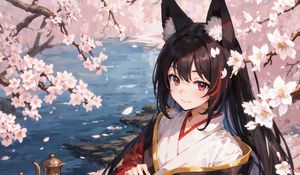 Preview wallpaper girl, kimono, neko, sakura, pond, anime