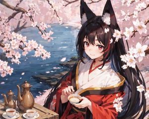 Preview wallpaper girl, kimono, neko, sakura, pond, anime