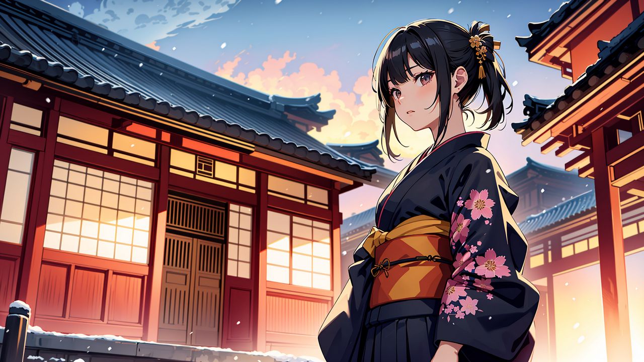 Wallpaper girl, kimono, pagoda, art, anime