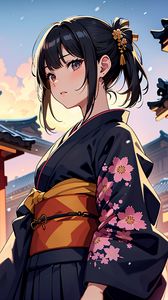 Preview wallpaper girl, kimono, pagoda, art, anime