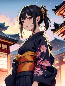 Preview wallpaper girl, kimono, pagoda, art, anime