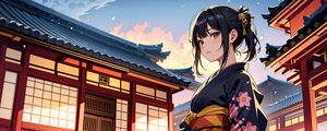 Preview wallpaper girl, kimono, pagoda, art, anime