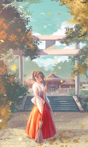 Preview wallpaper girl, kimono, pagoda, temple, anime, art