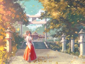 Preview wallpaper girl, kimono, pagoda, temple, anime, art