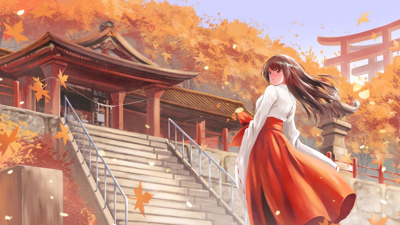 Wallpaper girl, kimono, pagoda, autumn, anime, art