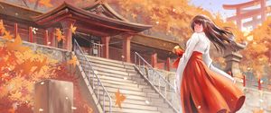 Preview wallpaper girl, kimono, pagoda, autumn, anime, art