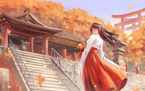 Preview wallpaper girl, kimono, pagoda, autumn, anime, art