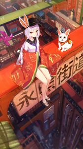 Preview wallpaper girl, kimono, pet, anime, art